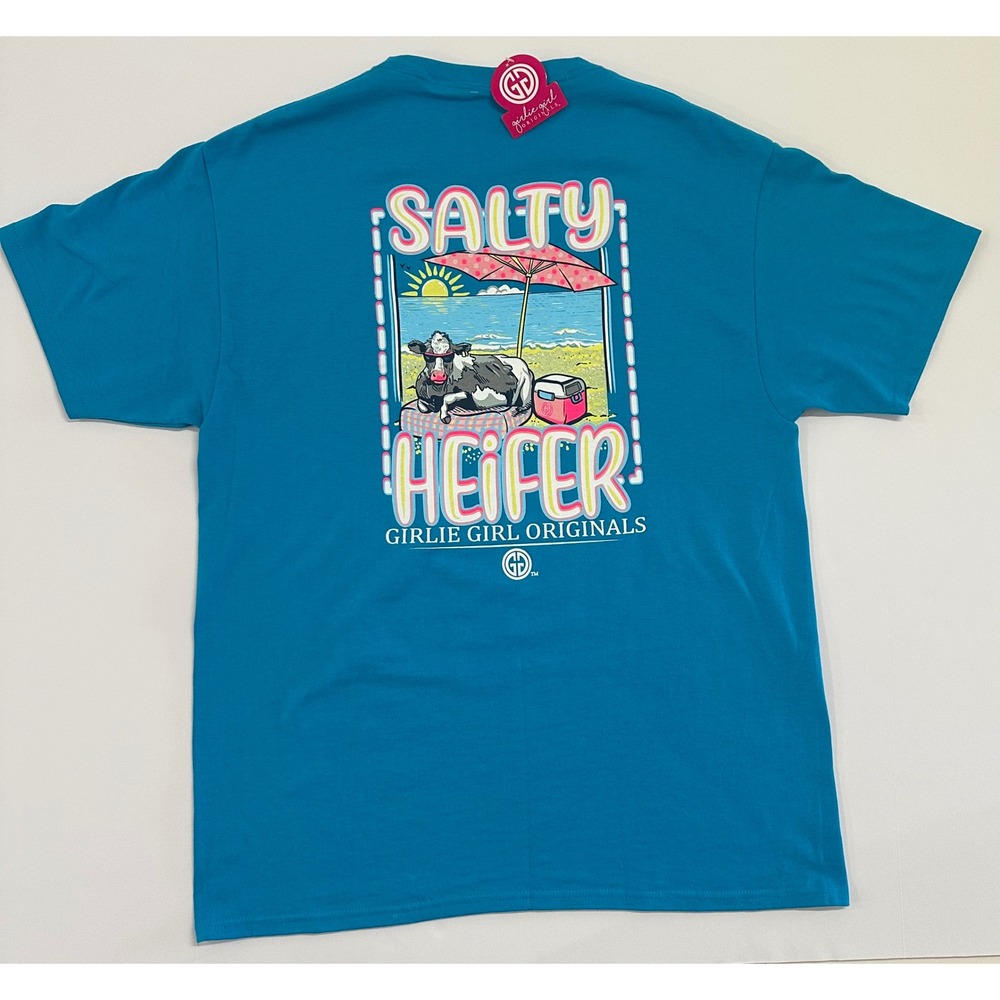 Girlie Girl Originals Salty Heifer Graphic T-Shirt Teal Blue Cow Beach Large